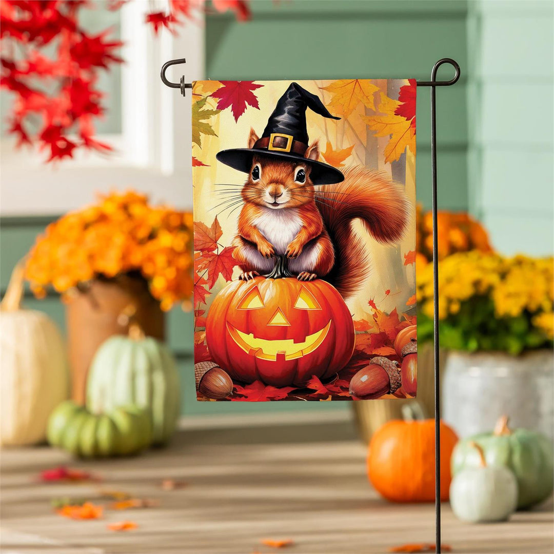 Halloween squirrel flag specification image showing 12-inch width, 18-inch length and UV-resistant dyes