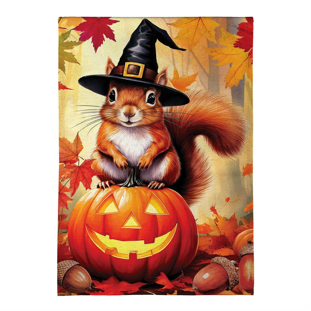 Halloween squirrel garden flag on a decorative stand in a Halloween porch display