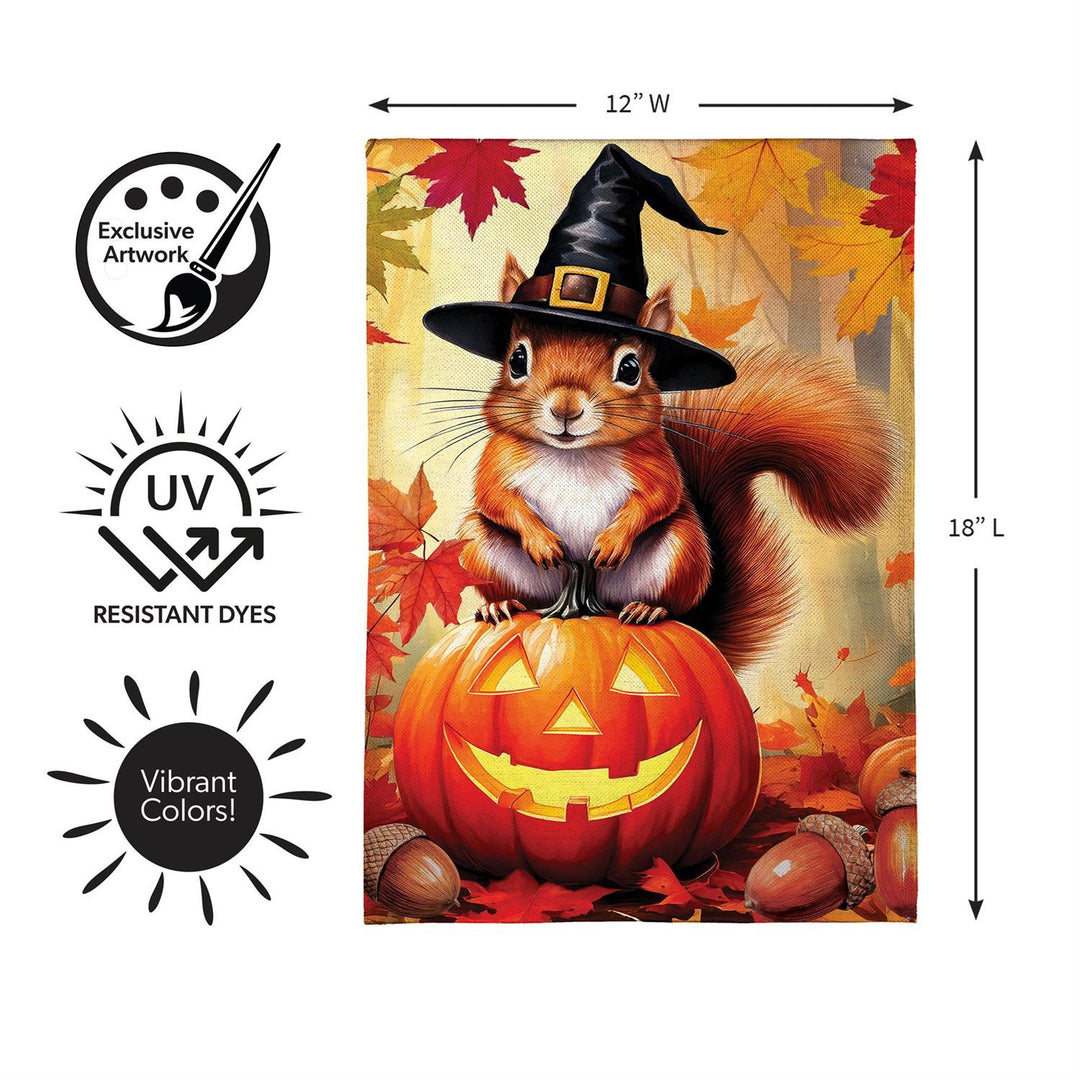 Front and back of two-sided Halloween squirrel garden flag