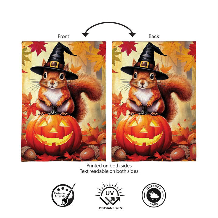 Halloween squirrel flag construction image showing polyester weave, double layers and approximately 2-inch pole sleeve