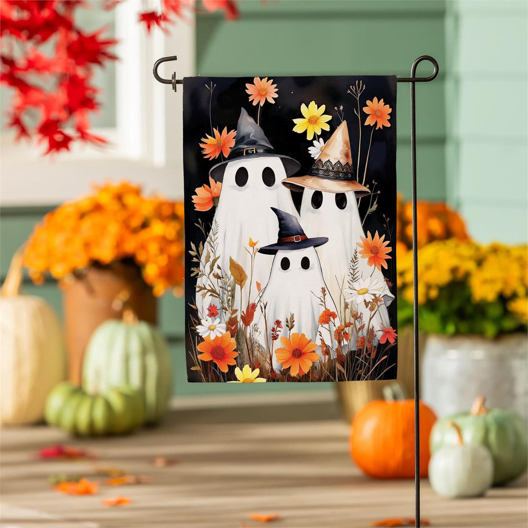 Halloween Ghost Family garden flag dimensions showing 12-inch width and 18-inch length