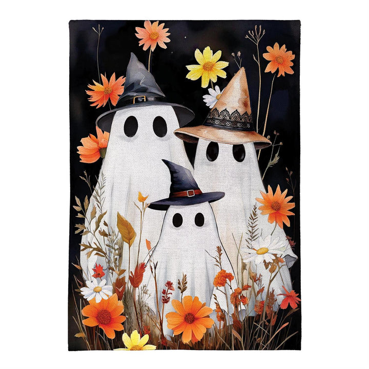 Ghost Family flag construction showing double layers, polyester weave and approximately 2-inch pole sleeve