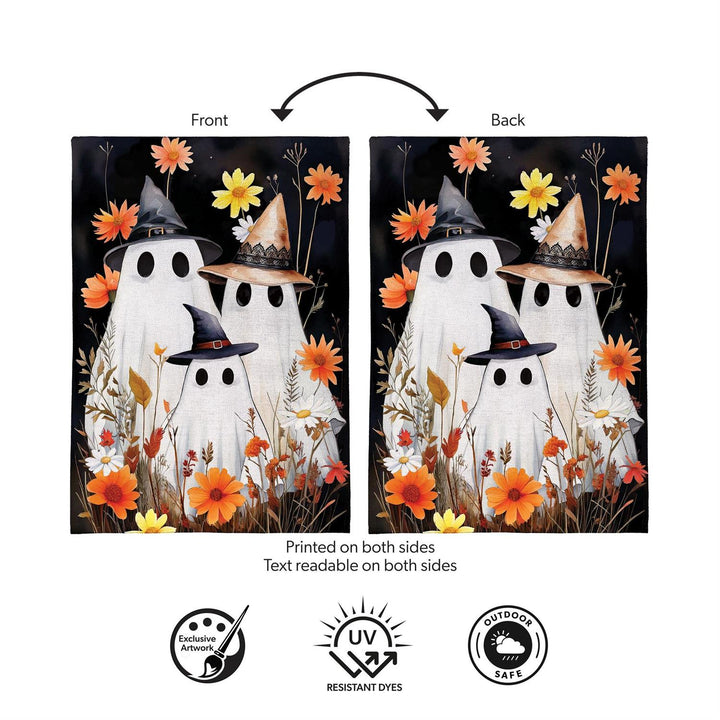 Ghost Family Halloween garden flag on a stand beside fall flowers and pumpkins