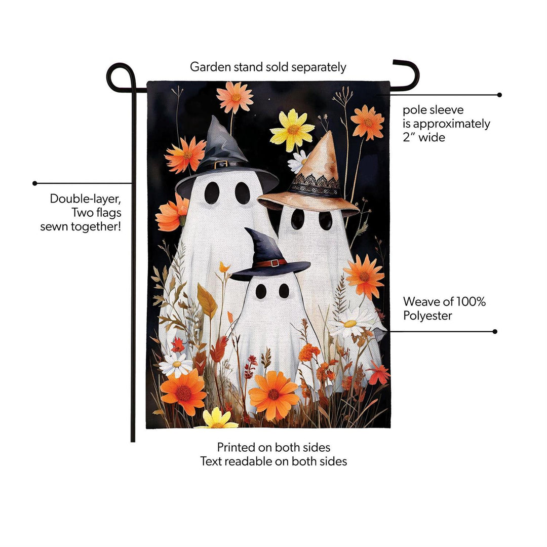 Front and back of two-sided Halloween Ghost Family garden flag