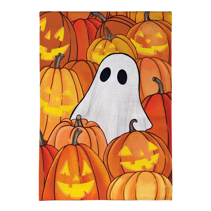 Close-up of white ghost and pumpkin artwork on textured polyester burlap flag