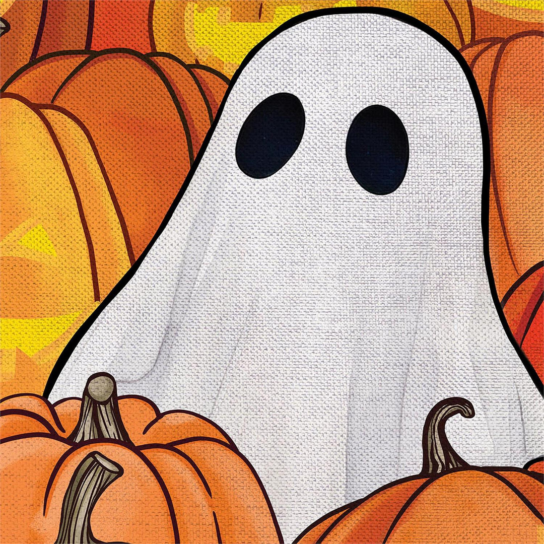 Halloween Pumpkin Patch Ghost garden flag artwork with white ghost among orange pumpkins and smiling jack-o-lanterns