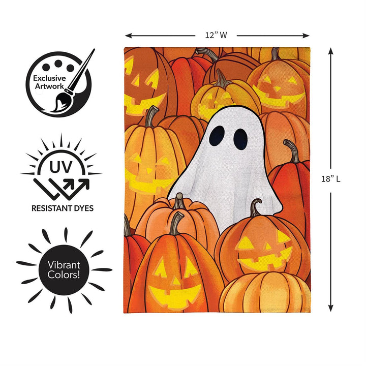Halloween Pumpkin Patch Ghost garden flag on a black garden stand