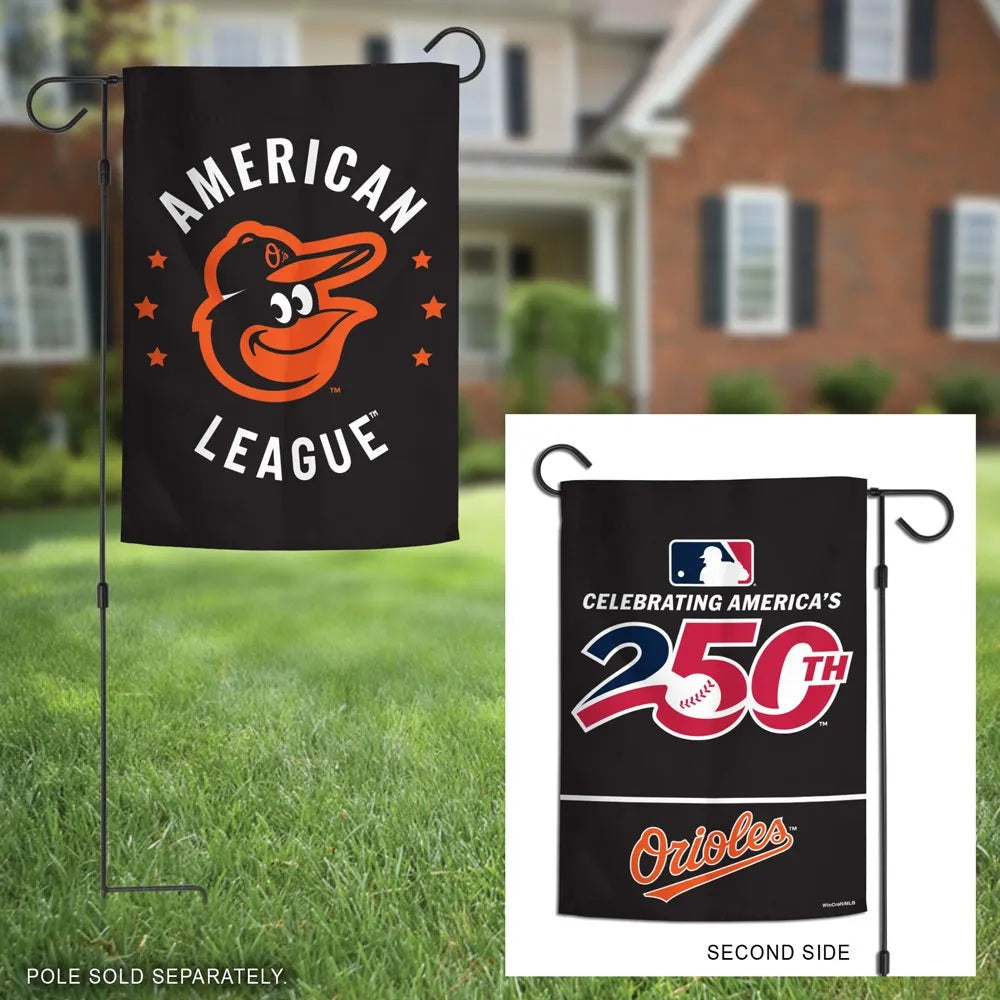 Baltimore Orioles garden flag showing American League bird logo front and America's 250th celebration reverse on stands