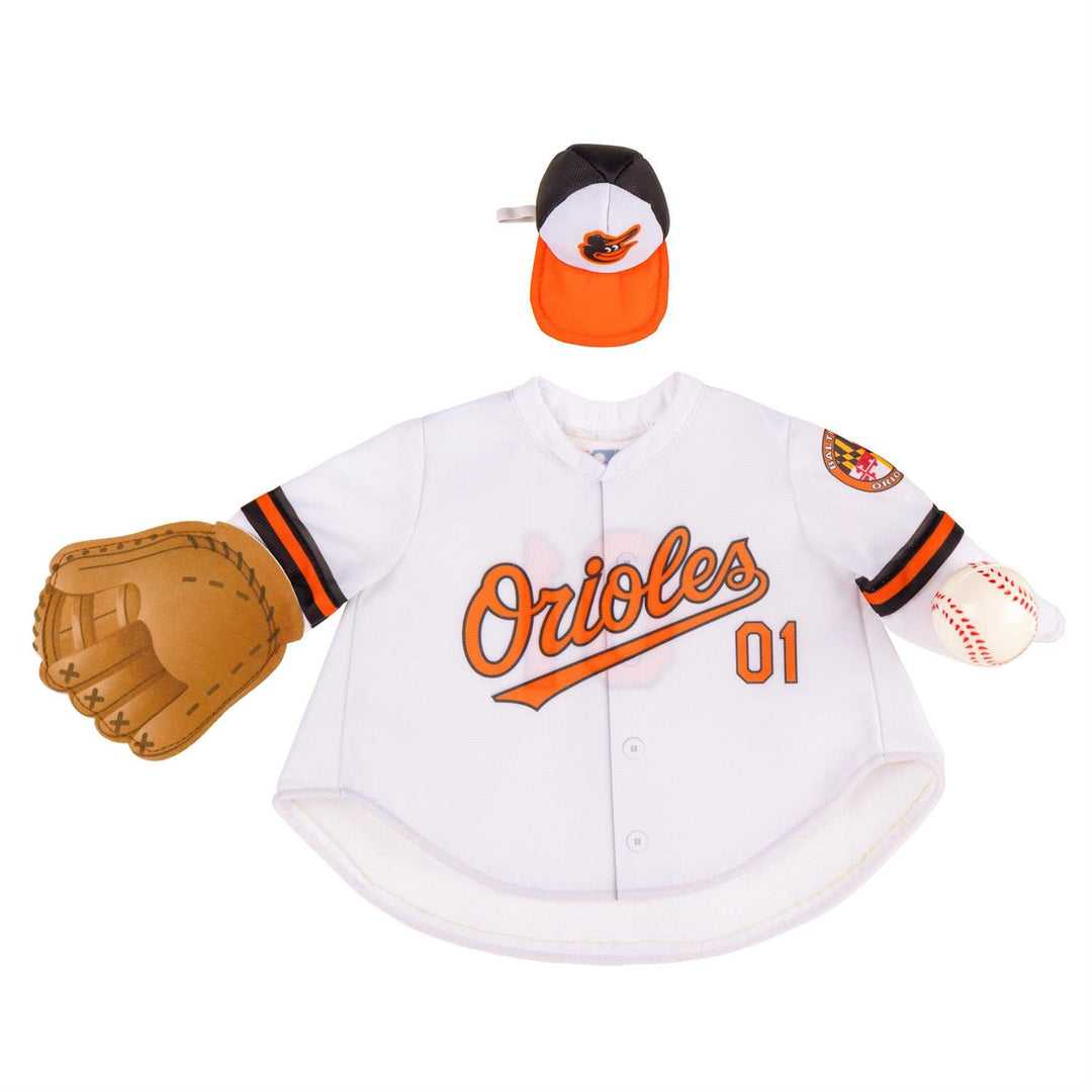 Angled front view of Baltimore Orioles porch goose costume, goose not included