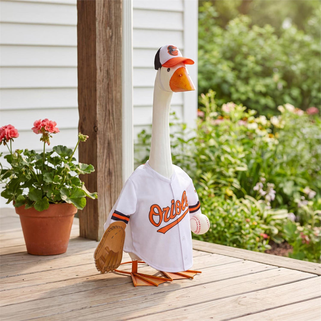 Baltimore Orioles outfit modeled on a 21-inch porch goose with orange 01 jersey detail