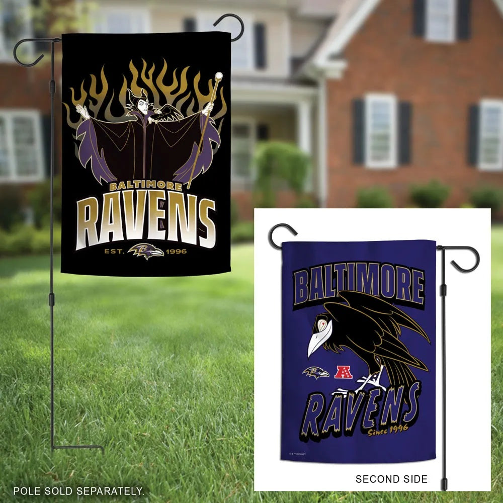 Baltimore Ravens Maleficent garden flag displayed outdoors with purple reverse-side inset; pole sold separately