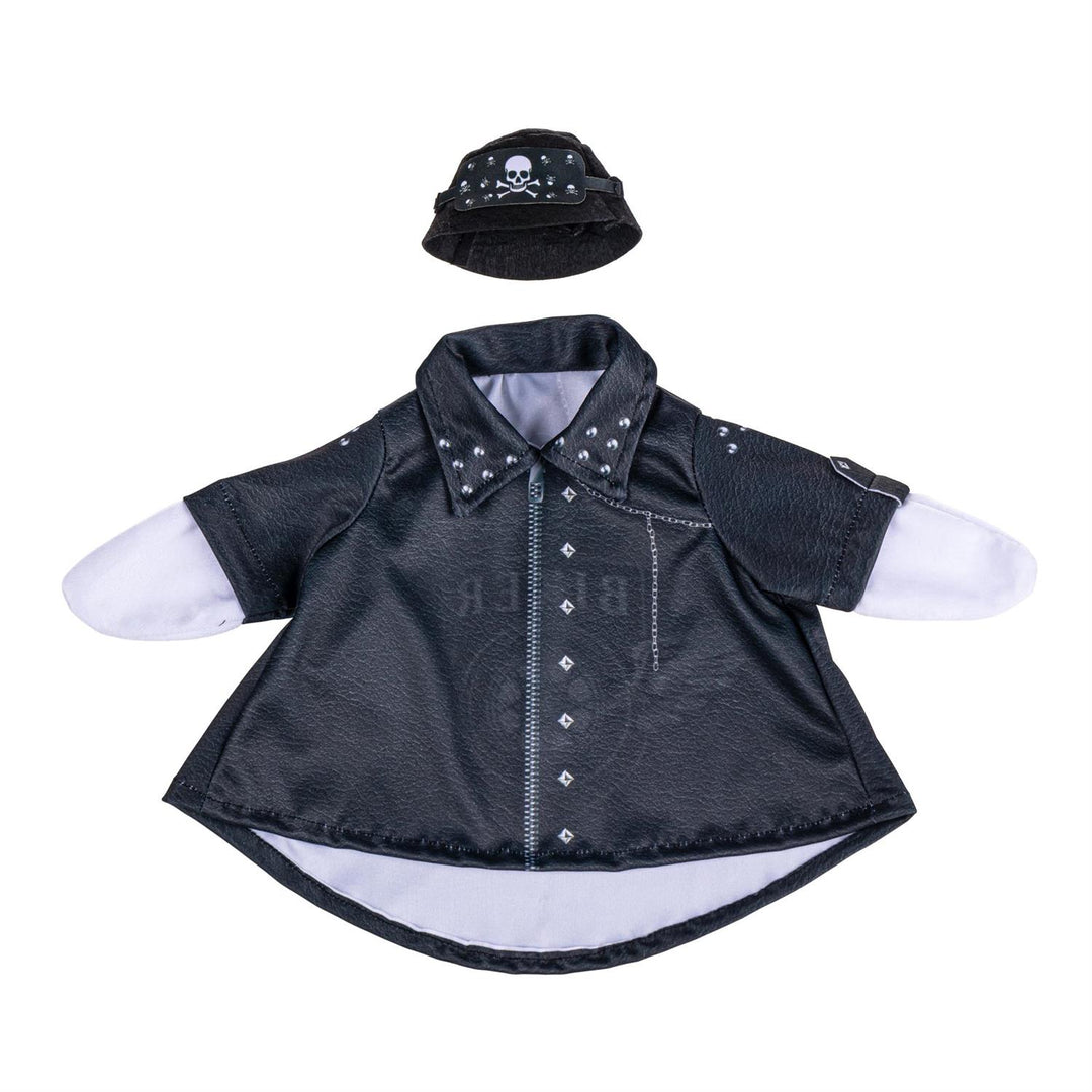 Black biker goose jacket and cap laid out to show stud accents and chain detail