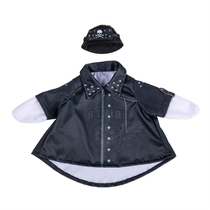 Black biker goose jacket and cap laid out to show stud accents and chain detail