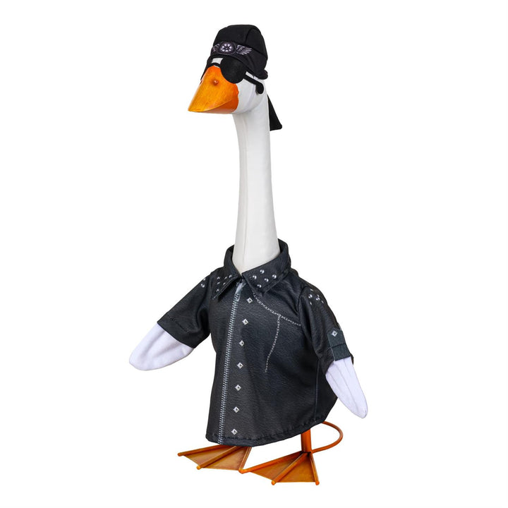 Porch goose wearing black biker jacket, coordinating cap, and sunglasses