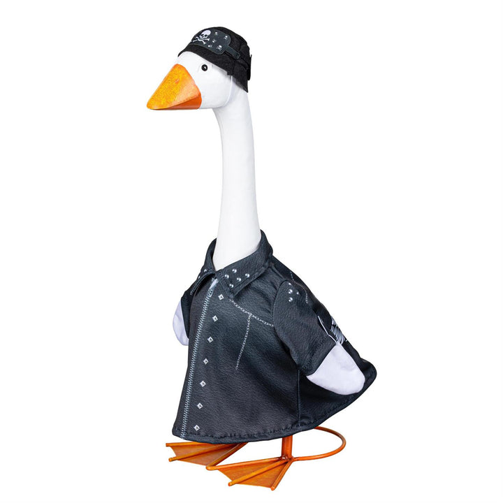 Side view of porch goose in black biker jacket with silver-tone details and cap