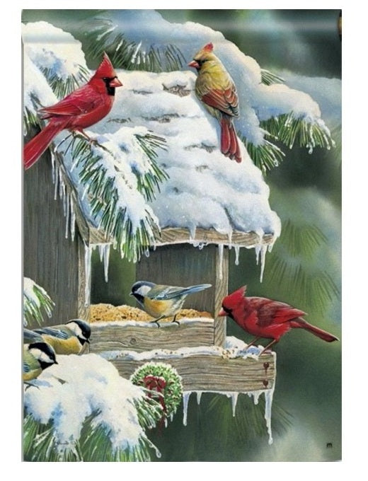 Bird Feeder Winter Garden Flag 2 Sided Cardinal heartlandflags