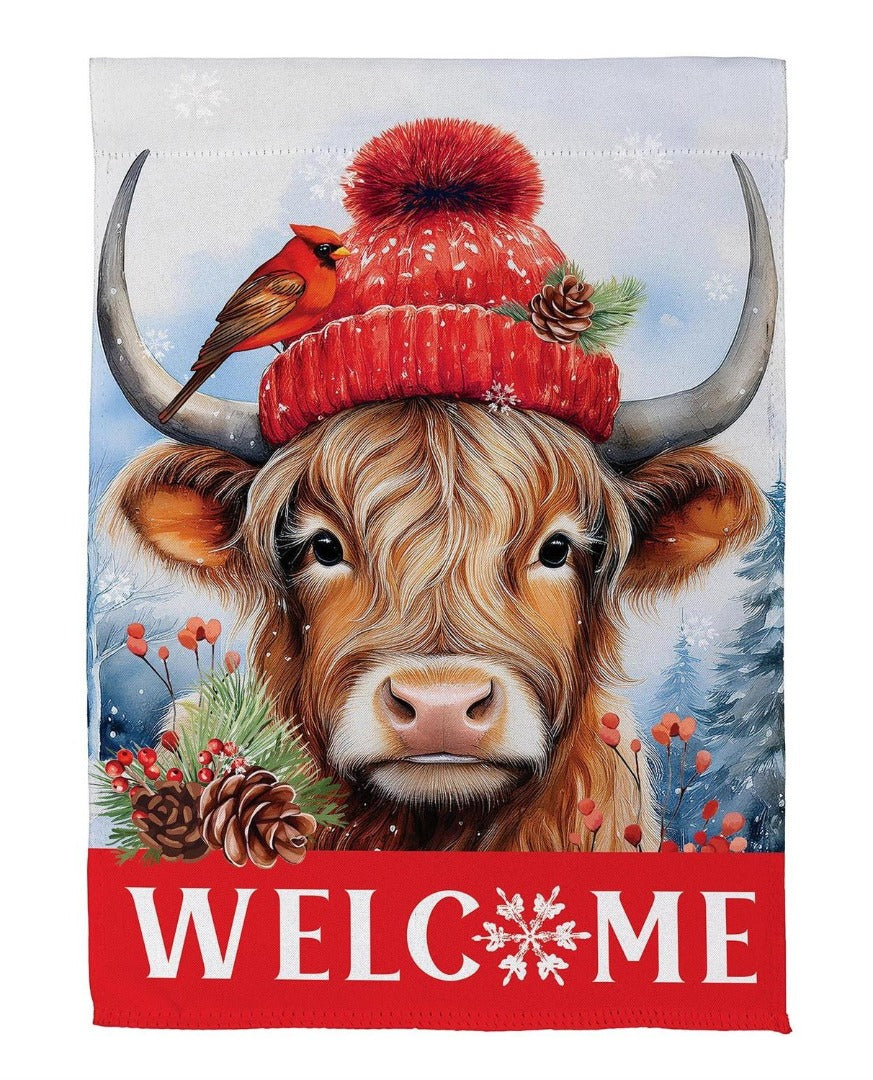 Bundled Up Highland Cow 2 Sided Garden Flag heartlandflags