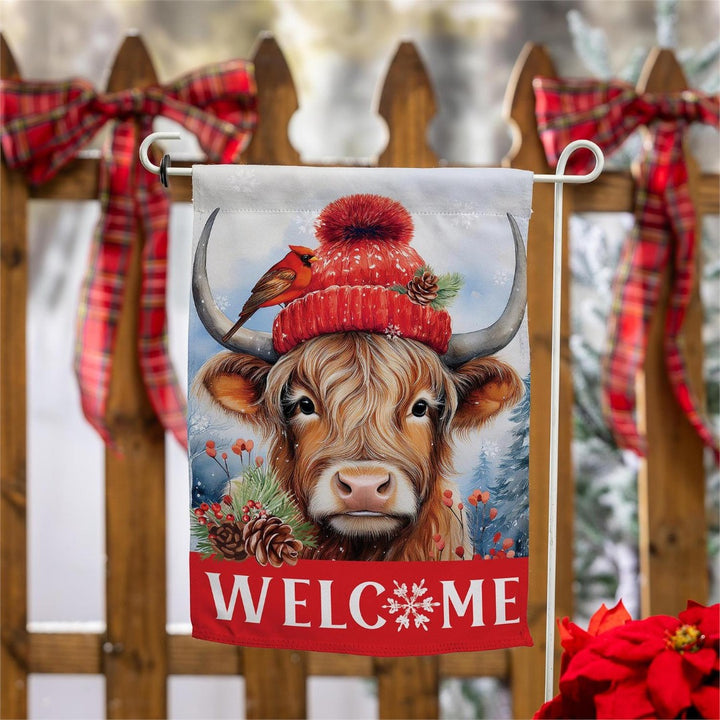 Bundled Up Highland Cow 2 Sided Garden Flag heartlandflags