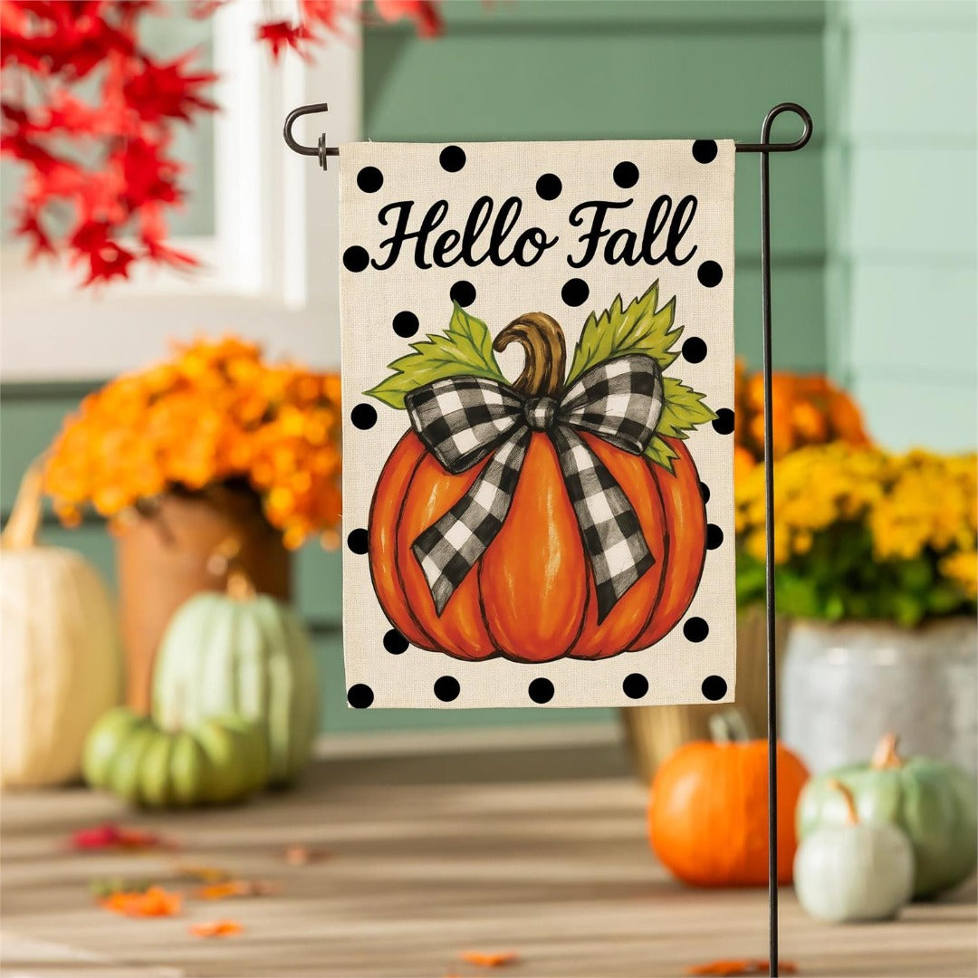 Checkered Bow Pumpkin 2-Sided Burlap Garden Flag heartlandflags