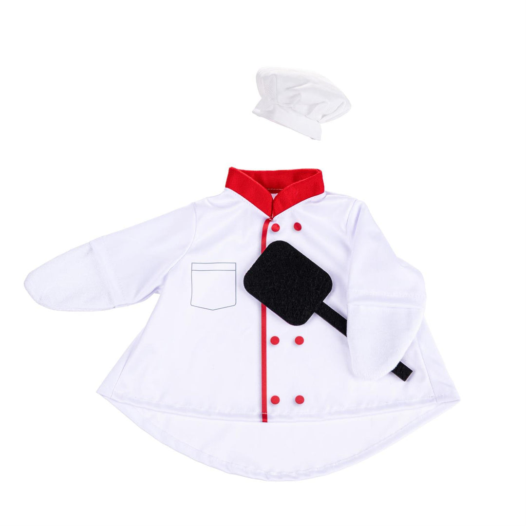 Porch goose wearing white chef hat and double-breasted coat with red accents
