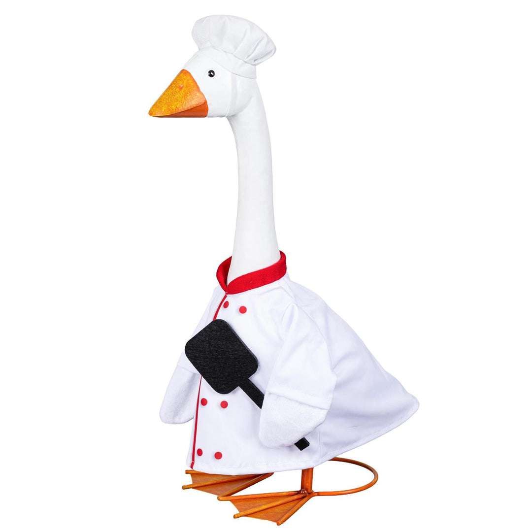 Chef porch goose outfit laid out with white hat, red-trimmed coat, and black spatula accessory
