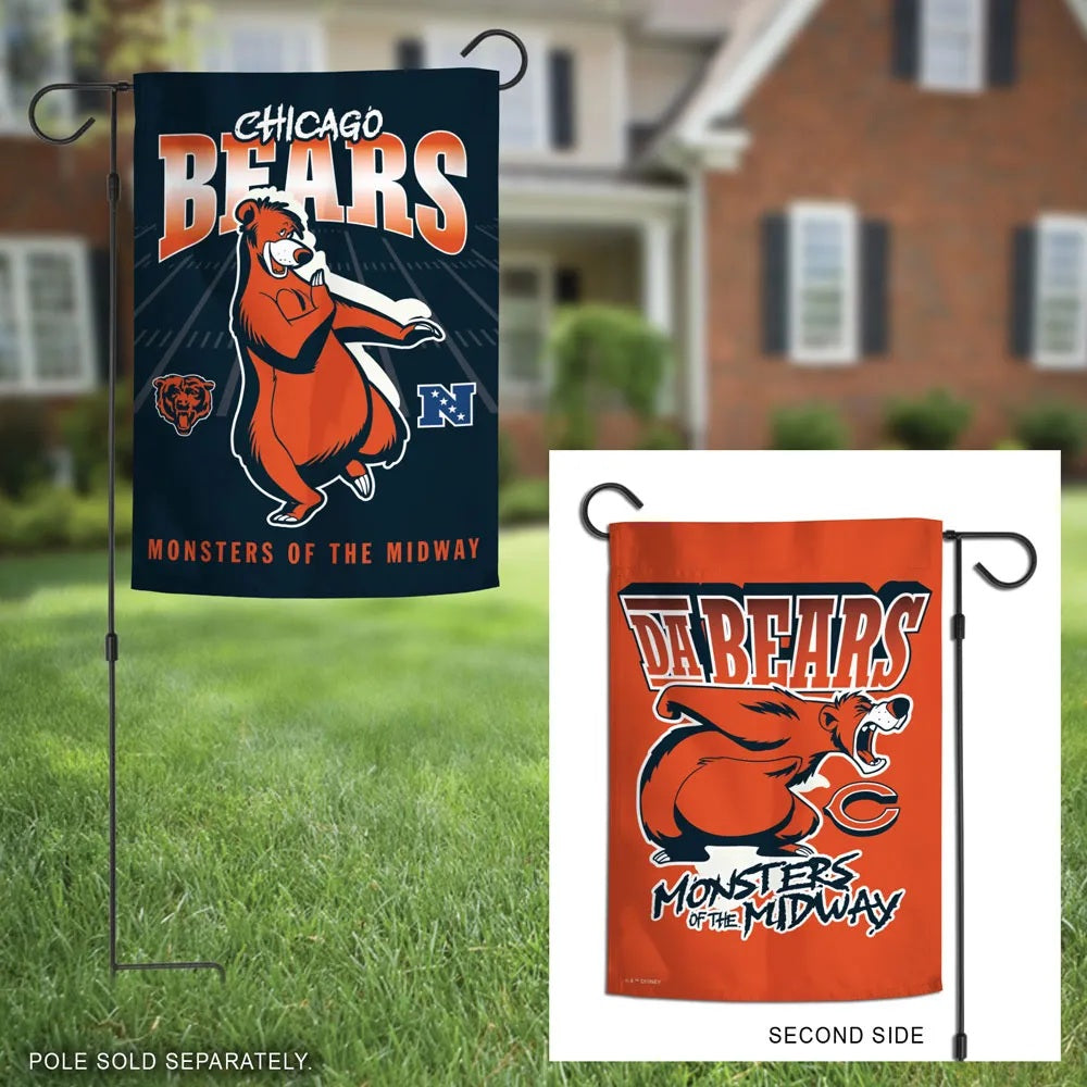 Chicago Bears Baloo garden flag displayed outdoors with orange reverse-side inset; pole sold separately
