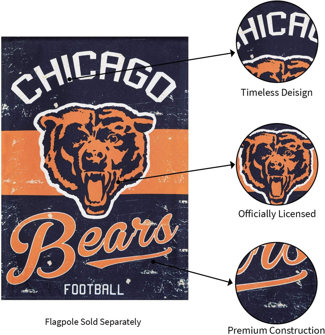 Chicago Bears distressed flag design close-ups and officially licensed product feature graphic