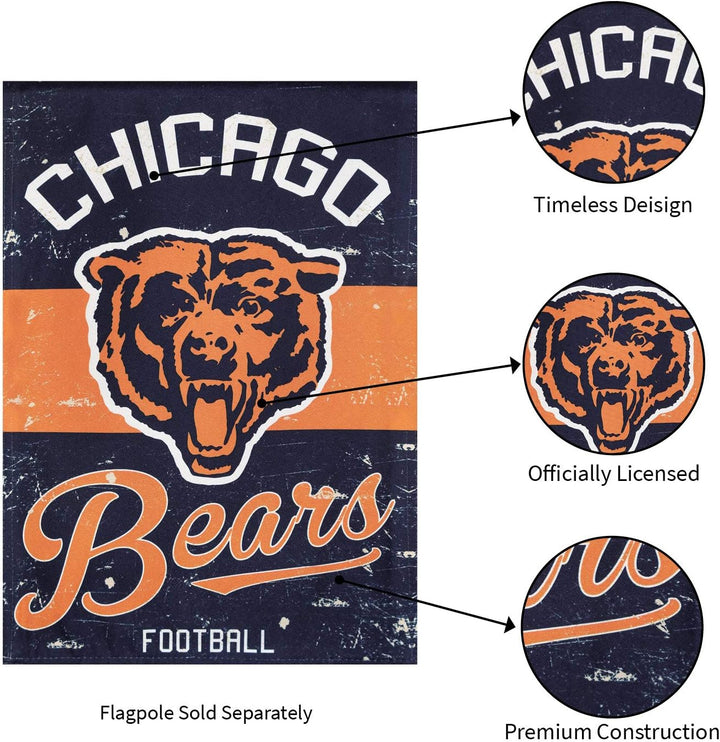 Chicago Bears distressed flag design close-ups and officially licensed product feature graphic