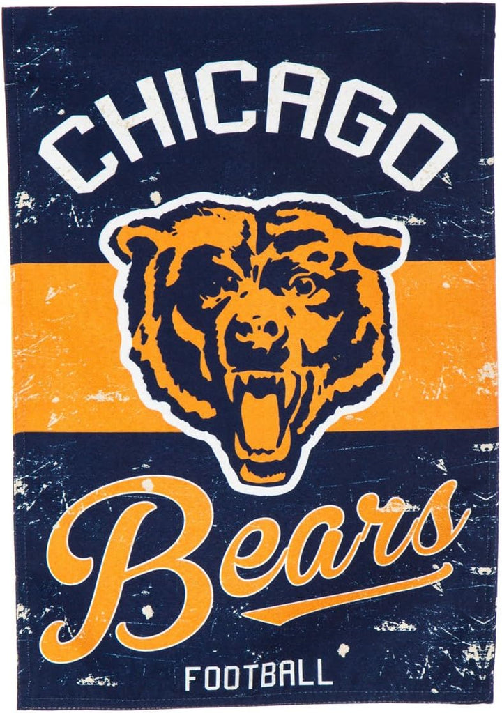 Chicago Bears vintage distressed house flag with roaring bear logo, orange stripe, and Bears script on navy