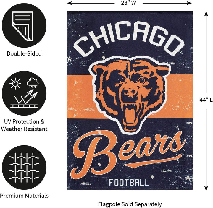 Chicago Bears flag size diagram showing 28 inches wide by 44 inches long and double-sided weather-resistant features