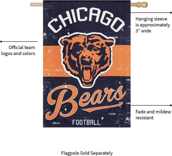 Chicago Bears house flag details showing approximately 3-inch hanging sleeve and fade and mildew resistance