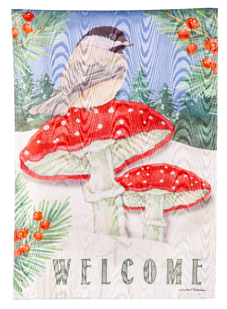 Chickadee and Winter Welcome Garden Flag 2 Sided heartlandflags