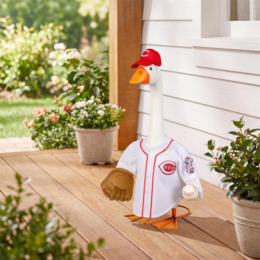 Licensed Cincinnati Reds porch goose outfit with white jersey, red cap, glove and baseball accents, goose not included
