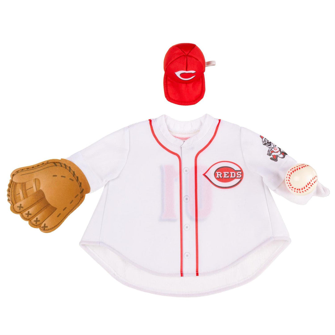 Angled view of Cincinnati Reds goose costume showing red cap, jersey, glove and baseball