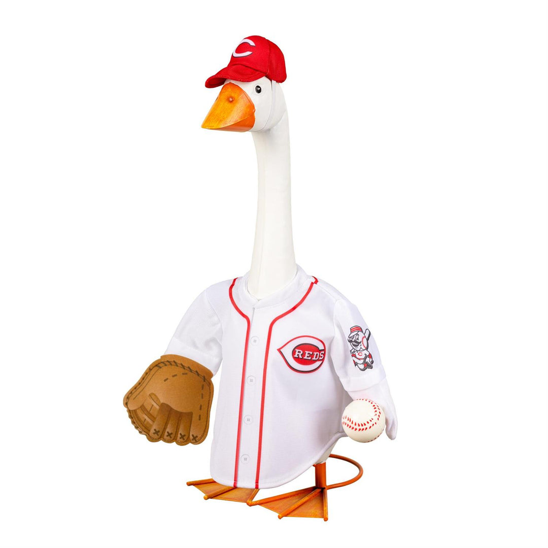Front view of Cincinnati Reds outfit modeled on a 21-inch porch goose