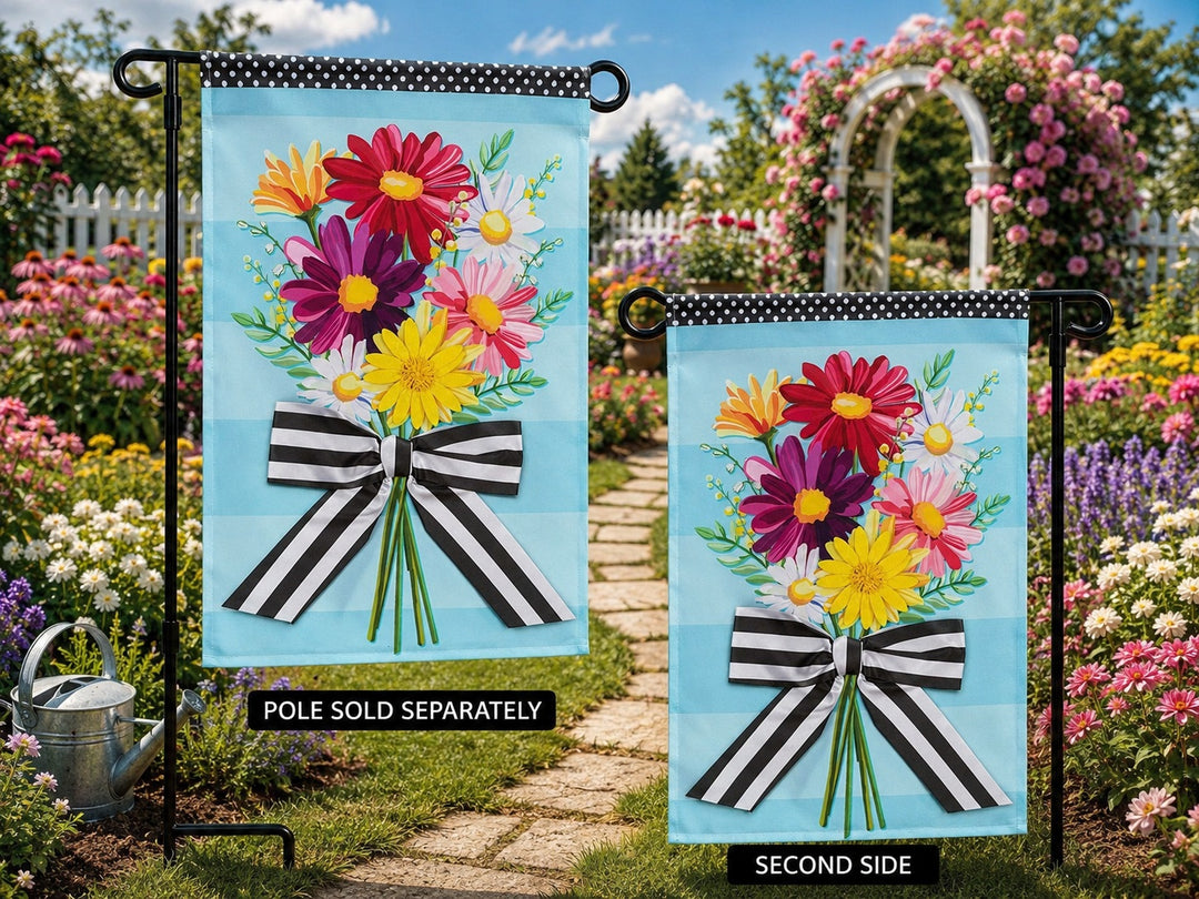 Daisy Bow Bouquet Garden Flag both sides displayed in garden setting