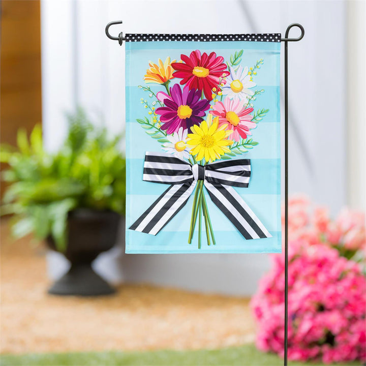 Daisy Bow Bouquet 2 Sided Garden Flag on stand at front door lifestyle photo
