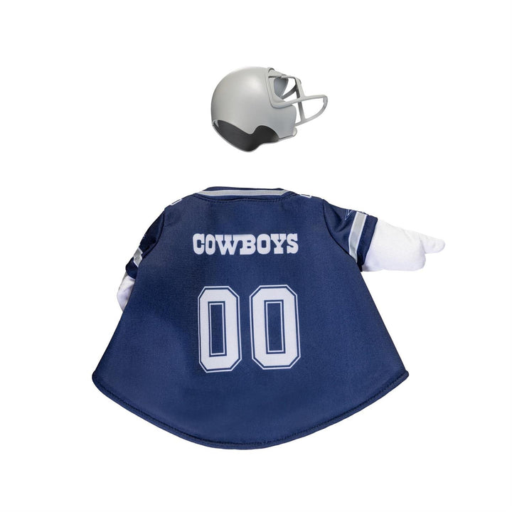 Front of licensed Dallas Cowboys goose outfit with navy star jersey, silver helmet and football accent