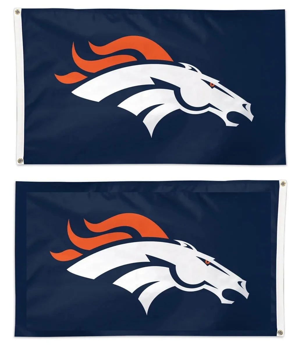 Denver Broncos blue flag displayed on a pole against a football stadium scene with sunset and fireworks