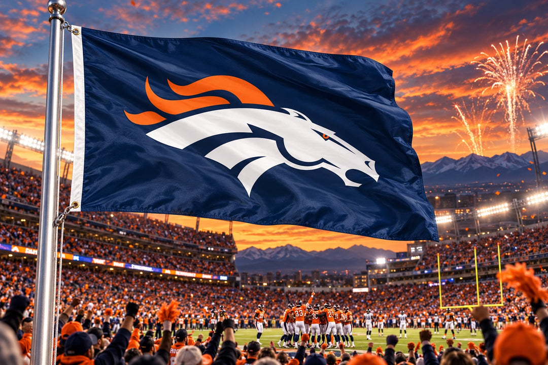 Front and back of Denver Broncos two-sided blue 3x5 flag with white horse-head logo, orange mane, and two grommets