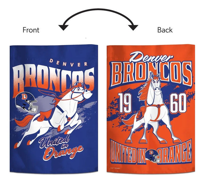 Front and back of Denver Broncos Maximus double-sided garden flag with United in Orange lettering