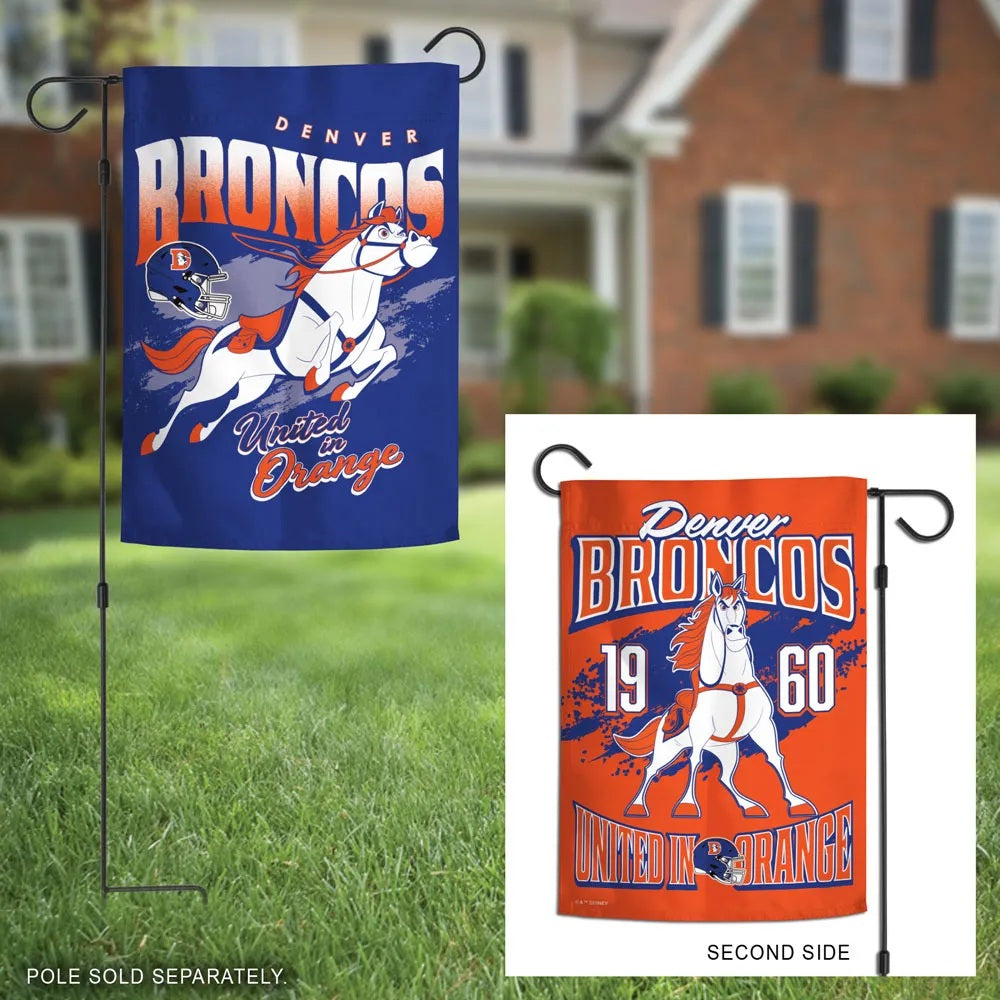 Denver Broncos Maximus garden flag displayed outdoors with orange reverse-side inset; pole sold separately
