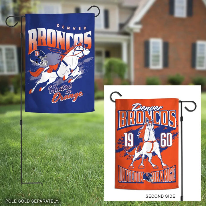 Denver Broncos Maximus garden flag displayed outdoors with orange reverse-side inset; pole sold separately