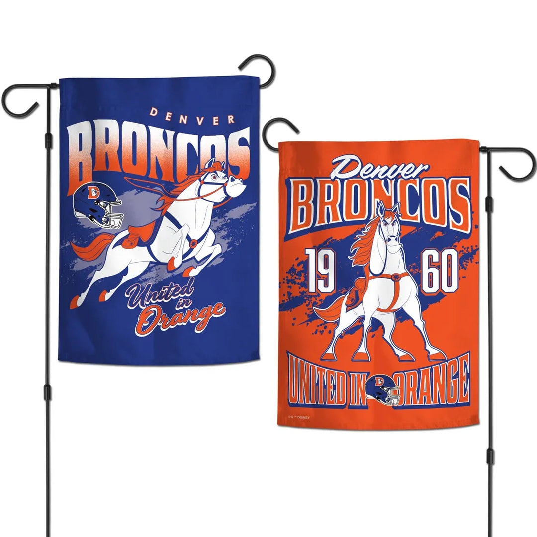 Denver Broncos Maximus garden flag showing blue front and orange reverse on garden stands