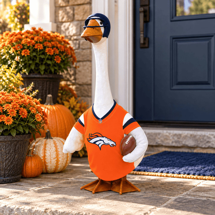 Porch goose modeling Denver Broncos outfit in a living room during a football game