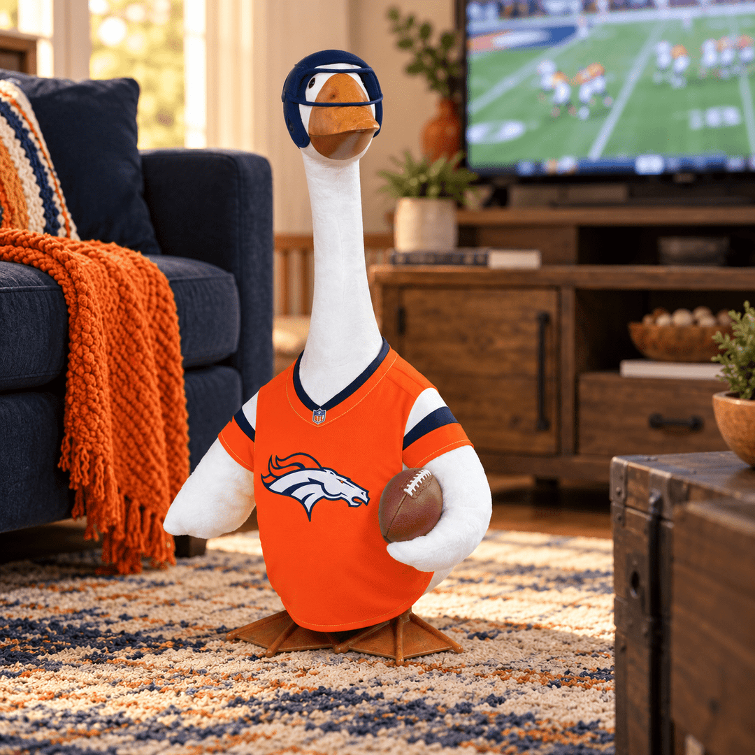 Back of Denver Broncos goose jersey with navy BRONCOS lettering and white 00