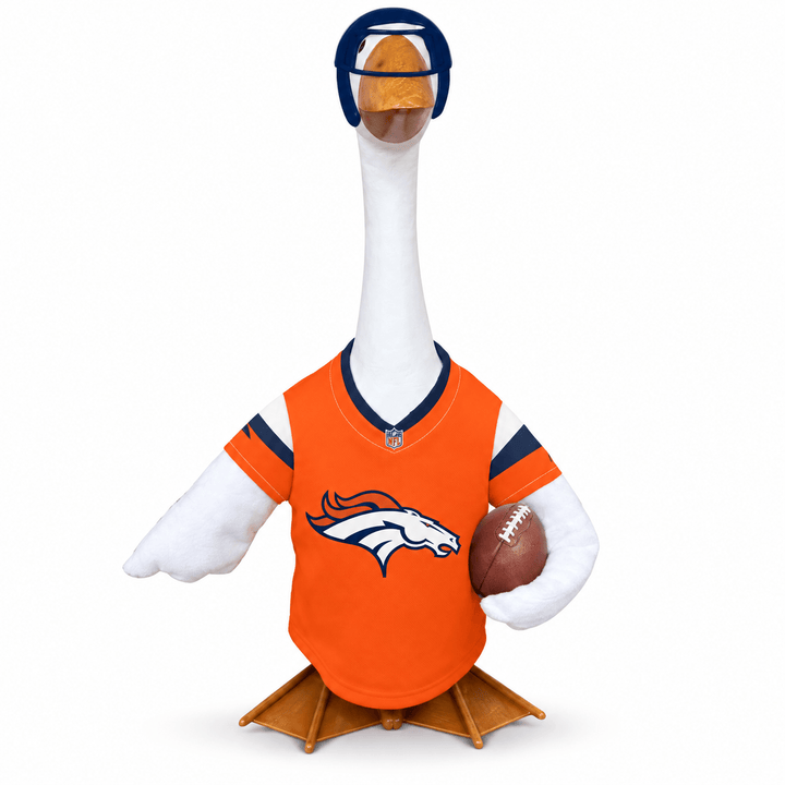 Denver Broncos goose costume with orange jersey and navy helmet displayed beside autumn porch decorations