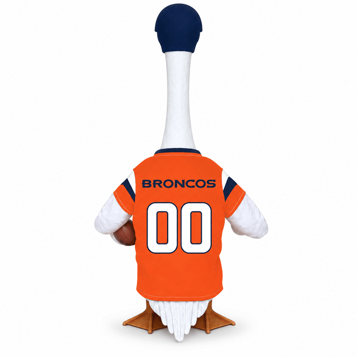 21-inch goose modeling licensed Denver Broncos outfit on a patio, goose not included