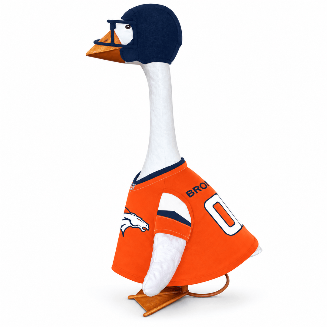 Denver Broncos porch goose outfit modeled on a goose with orange jersey, navy helmet and football accent