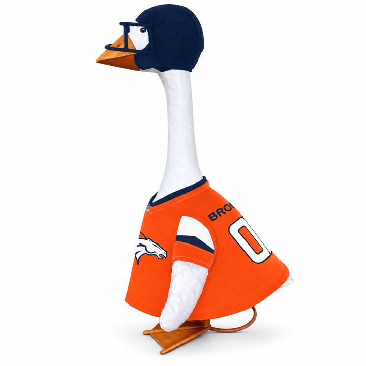 Denver Broncos porch goose outfit modeled on a goose with orange jersey, navy helmet and football accent